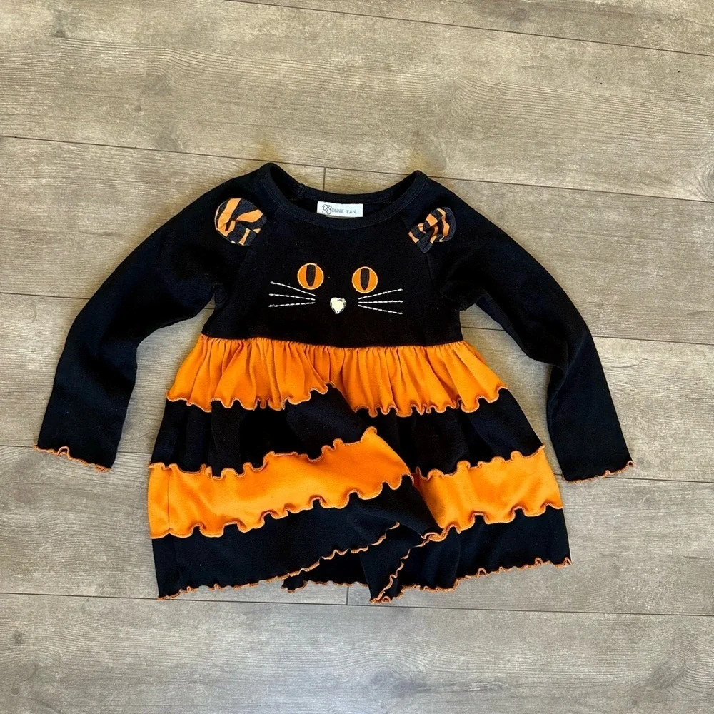 Bonnie Jean Girls Halloween Cat Orange Black Edge Knit Dress Size 6 So cute!